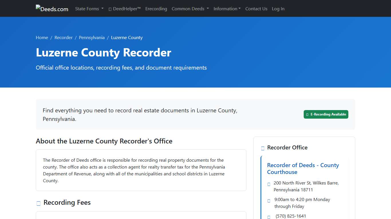 Luzerne County Recorder Information, Pennsylvania - Deeds.com