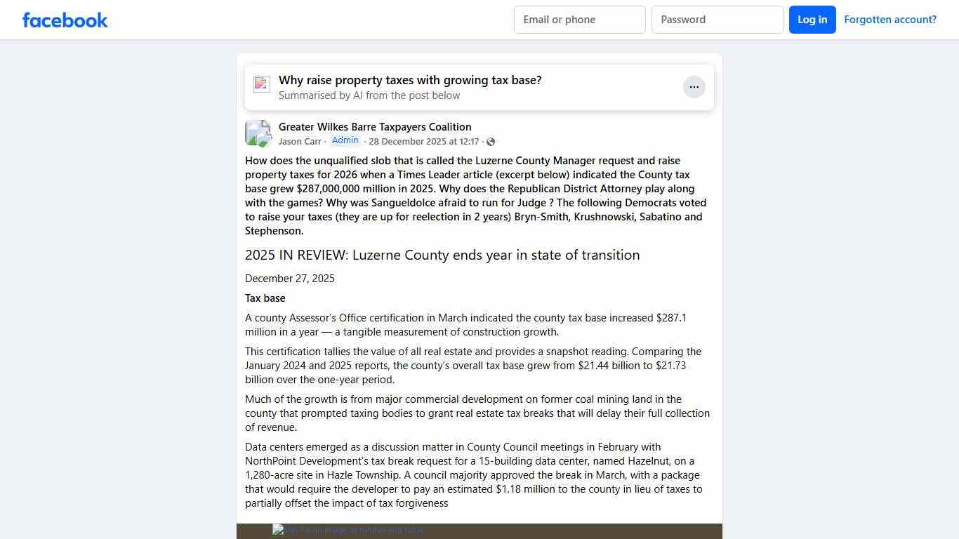 Greater Wilkes Barre Taxpayers Coalition **How does the unqualified slob that is called the Luzerne County Manager request and raise property taxes for 2026 when a Times Leader article (excer... Facebook